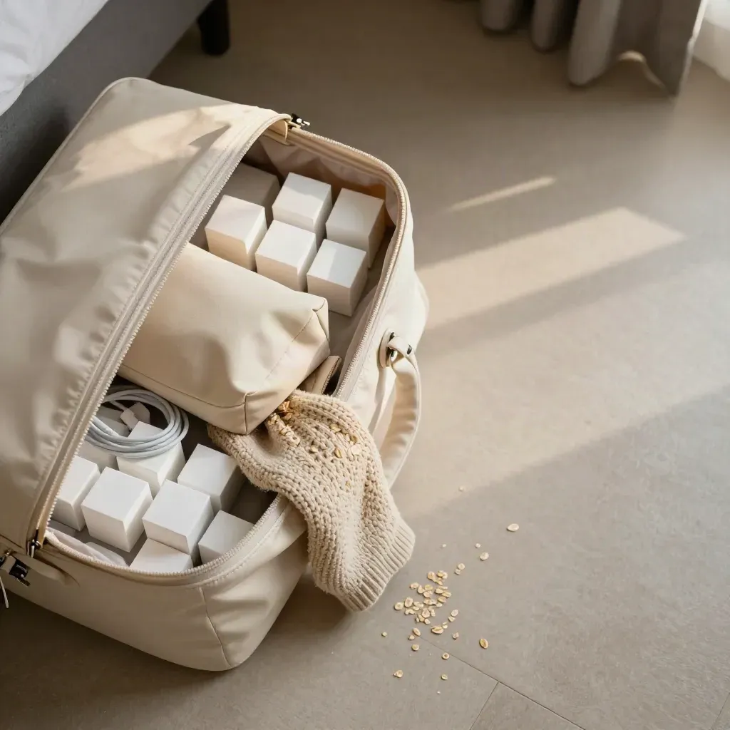 Valigia da viaggio quasi chiusa con cubi da packing, pouch e maglione su pavimento chiaro d’hotel.