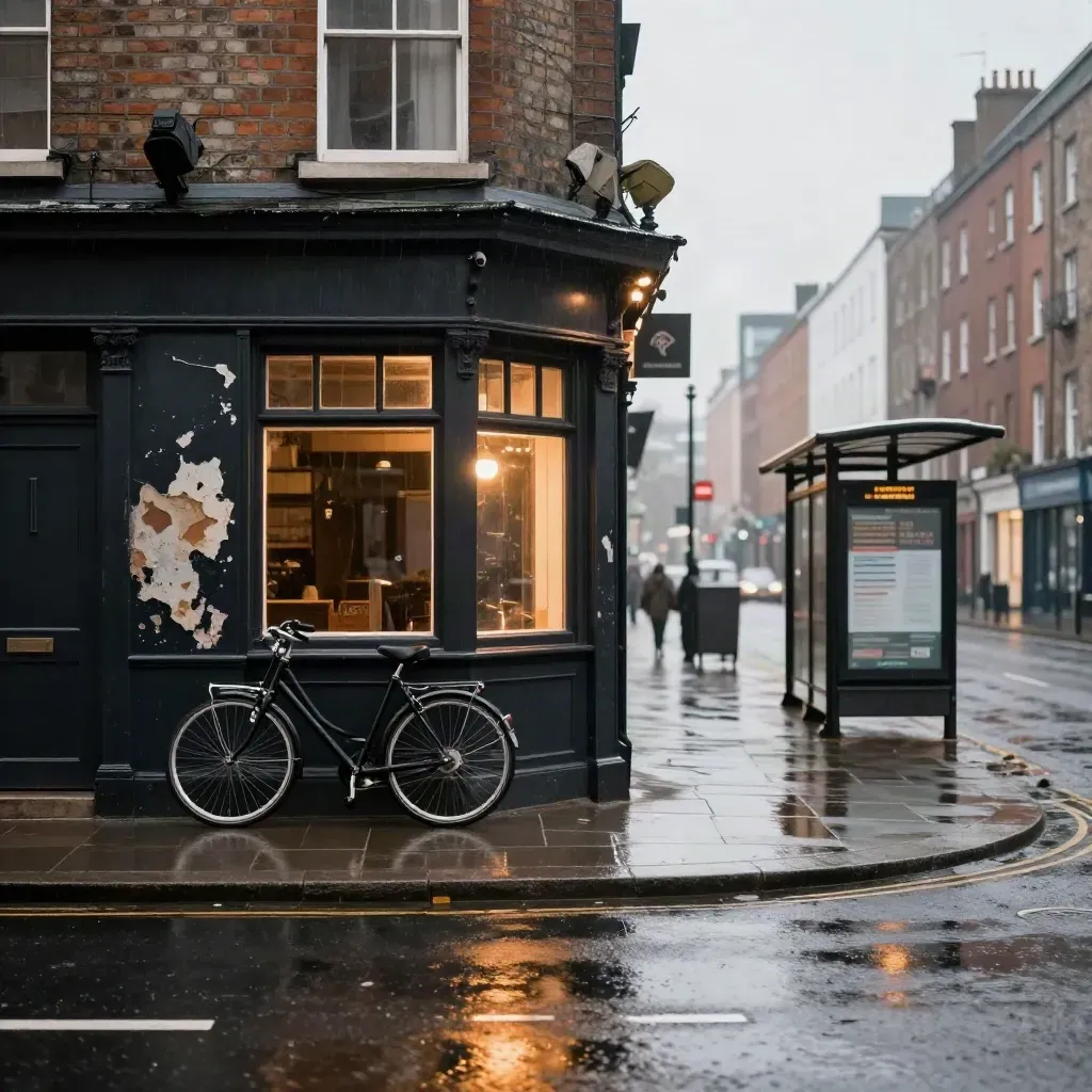 Pub di Dublino sotto la pioggia, bicicletta e fermata dell’autobus con luci calde.