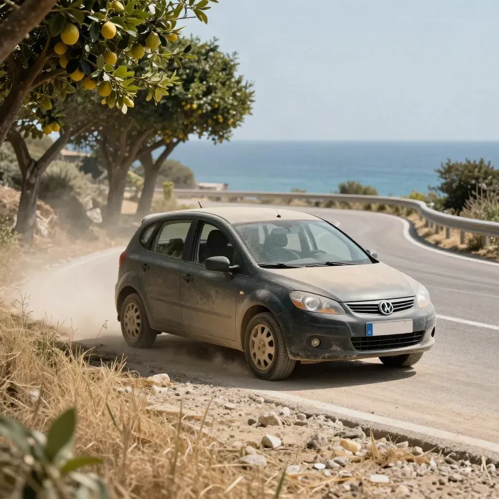 Auto a noleggio sulla strada siciliana, polvere, agrumi e mare lontano