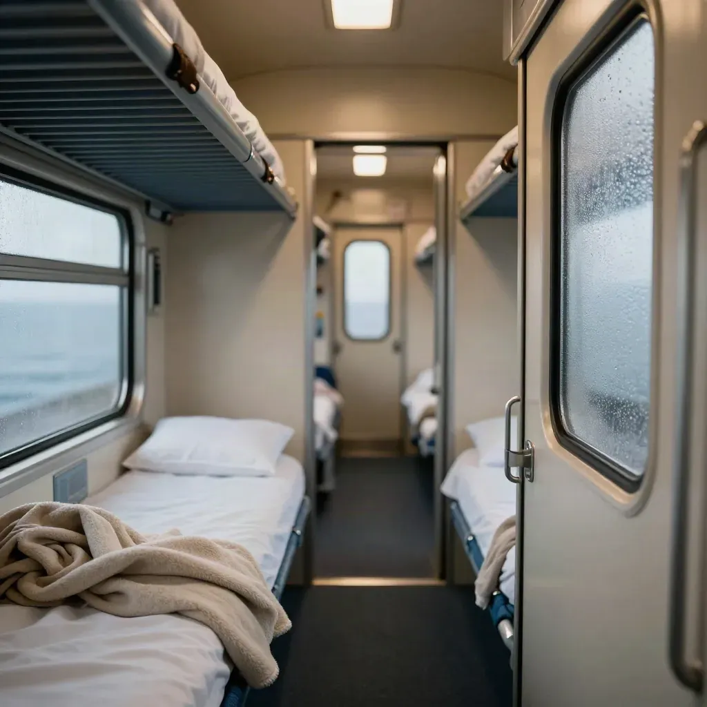 Cuccetta letto di un treno notturno con coperta stropicciata e finestrino appannato