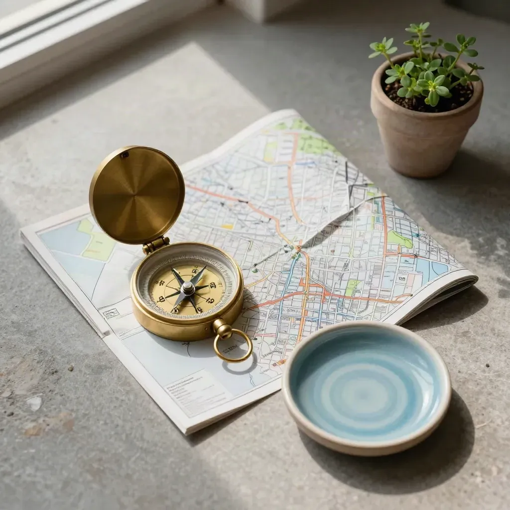 Bussole in ottone, mappa piegata, ciotola in ceramica e piantina su pietra