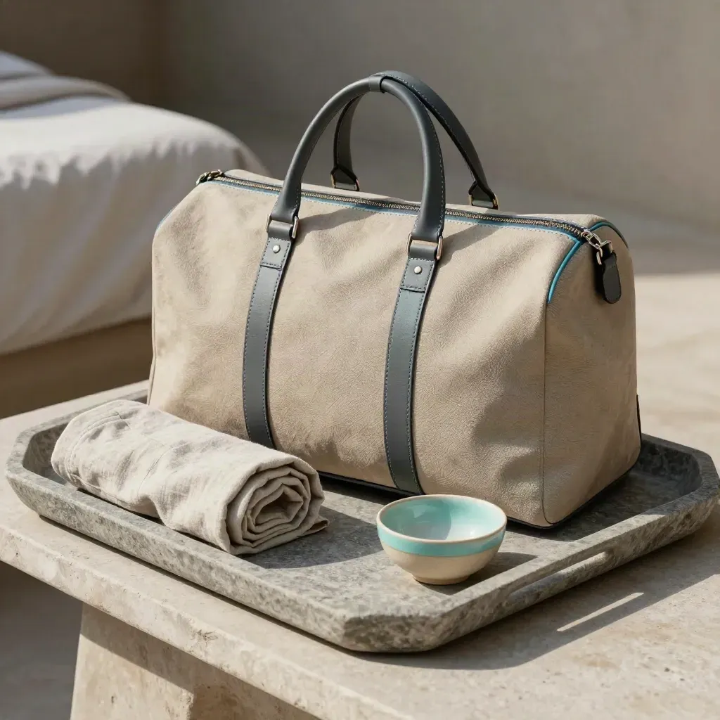 Borsa weekender con camicia arrotolata, panno piegato e ciotola in ceramica su vassoio di pietra.