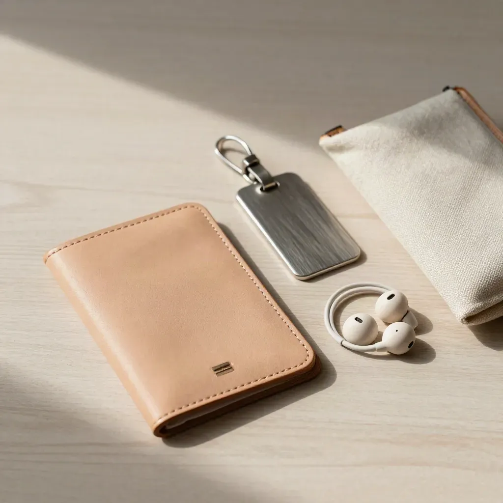 Kit da viaggio su legno chiaro: porta-passaporto, etichetta, auricolari e pouch piegato.