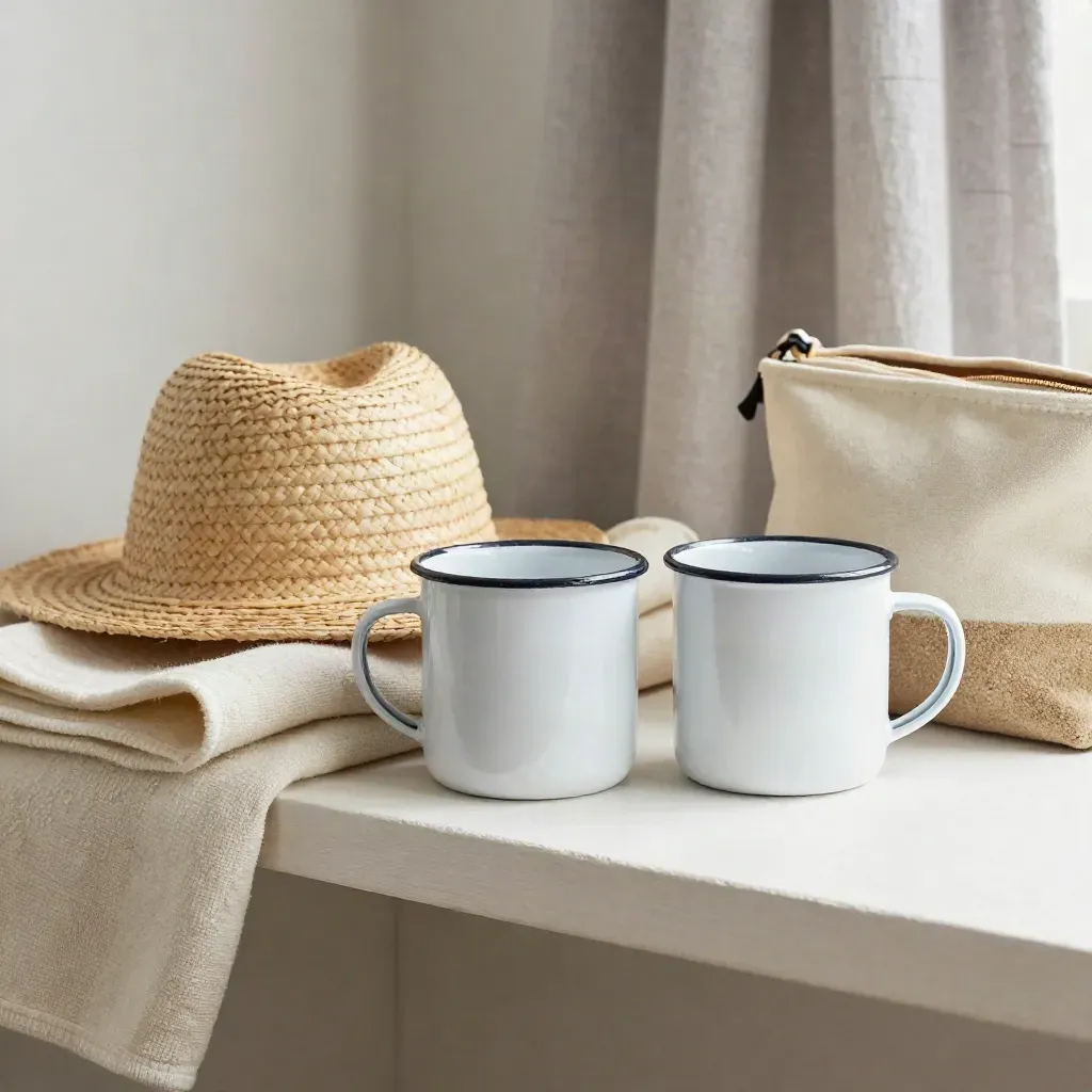 Due mug smaltate, cappellino bimbi, coperta e borsetta viaggio su mensola chiara